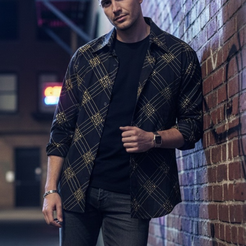 Vintage NEW GEN Y2K Cyber Textured Grid Shirt XL Black‎ Metallic Gold Embroidery